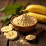 banana powder supplier in india – dehydrated banana powder without peel displayed with fresh ripe bananas and slices
